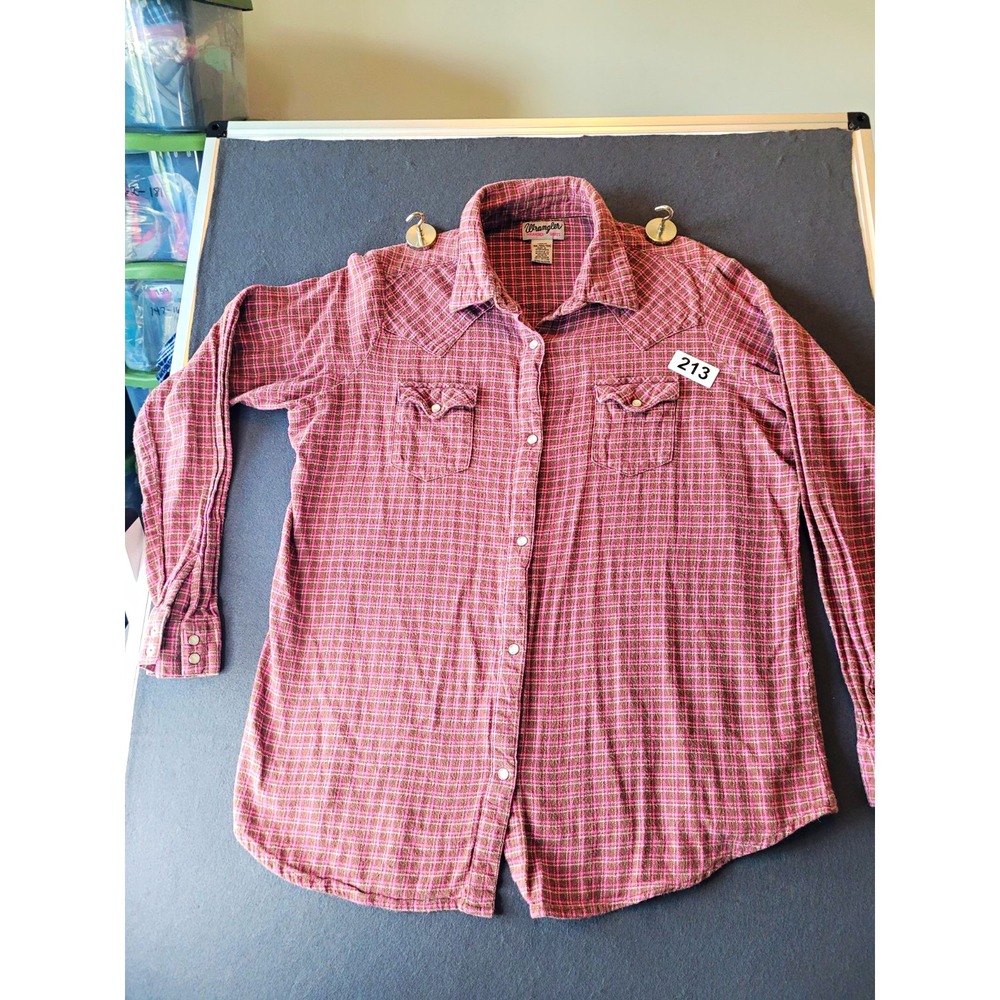 Wrangler Wrancher Unisex M/L Brown/Pink Plaid Flannel Pearl Button-Up Shirt